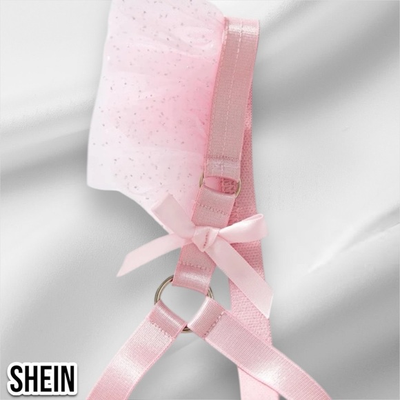 SHEIN Ruffle Trim Ring Linked Garter Lingerie Set Baby Pink - Picture 6 of 7